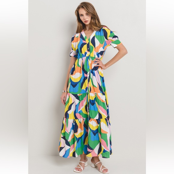 38 Beautiful Multi Color Tiered Button Down Maxi Dress - Picture 4 of 5